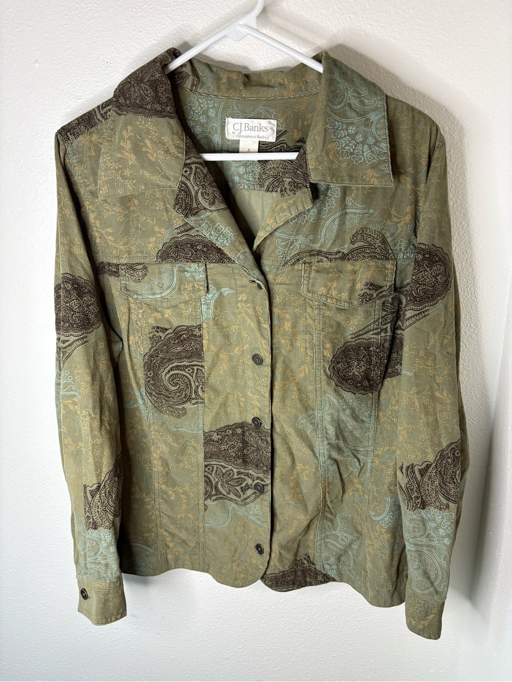 CJ Banks Olive and Teal Paisley Button Jacket